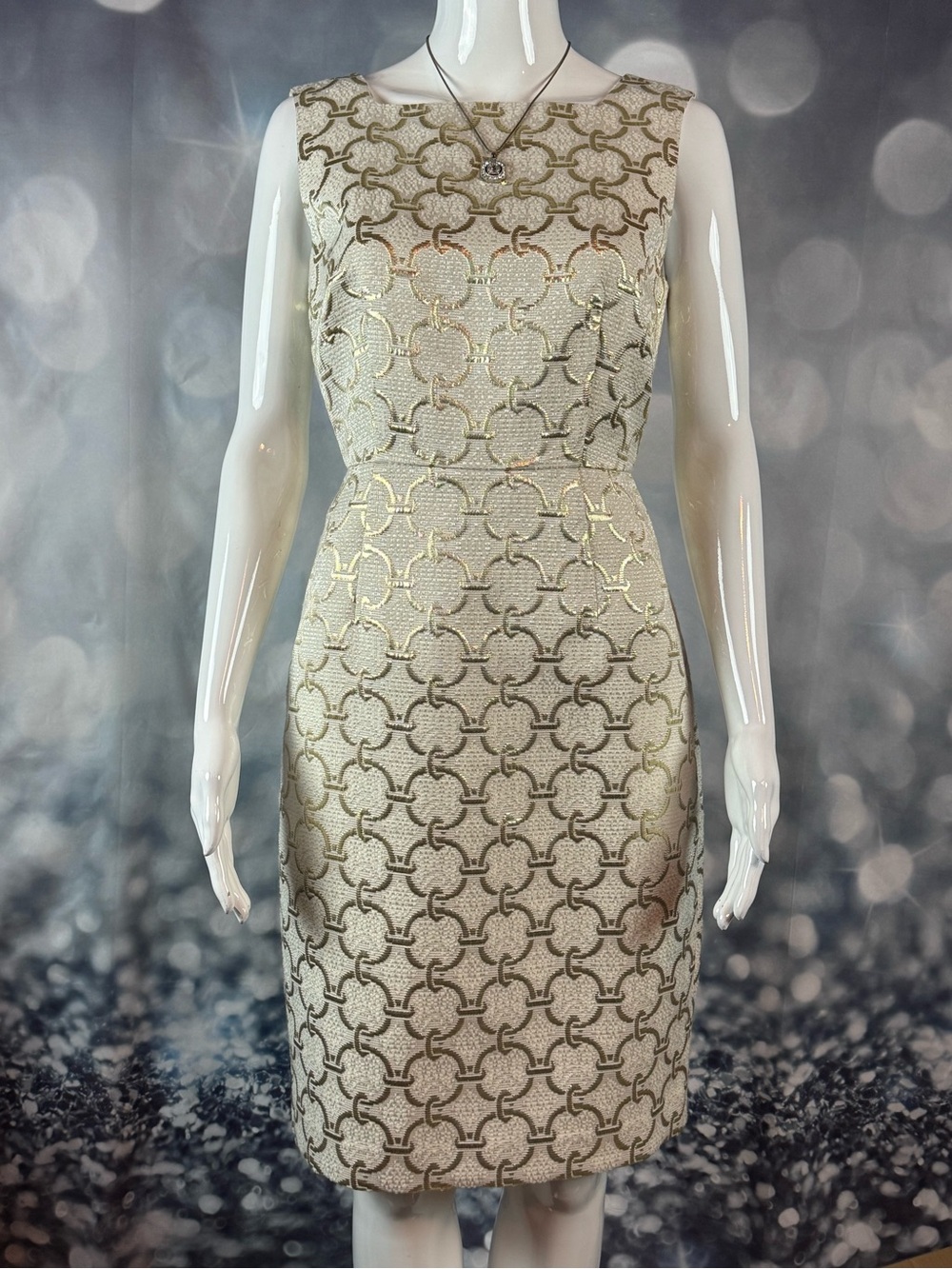 Talbots sz 4P Sleeveless Cream Sheath Dress with Gold Metallic Chain Design